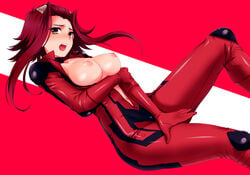 akiza_izinski bikesuit blush bodysuit breasts female female_only hair highres human izayoi_aki large_breasts nipples open_mouth red_hair short_hair solo usa_(artist) usaki_(ama) yellow_eyes yu-gi-oh! yu-gi-oh!_5d's