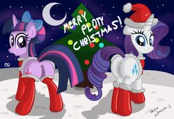 anus christmas clothes color cutie_mark duo english_text equine female feral friendship_is_magic hair hat holidays horn horse looking_at_viewer moon multicolored_hair my_little_pony night outdoors pony presenting purple_fur purple_hair pussy rarity_(mlp) text twilight_sparkle_(mlp) ziemniax