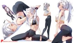 2girls ass_up athletic_wear barefoot belly_button big_ass big_breasts blush breasts bubble_butt elf elf_ears elf_female feet female female_only fern_(sousou_no_frieren) frieren green_eyes gym_clothes huge_ass large_breasts light-skinned_female light_skin long_hair long_legs medium_hair multiple_girls pale-skinned_female pale_skin pantylines pose posing purple_hair skinny skinny_girl skinny_waist sleeping small_breasts solo_focus sousou_no_frieren sydus thick_thighs twintails waking_up white_hair wide_hips yoga_pants