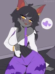 1futa anthro bat black_hair breasts ear_piercing fully_clothed furry furry_only futa_only futanari grey_fur lilybat no_visible_genitalia pulling_clothing sataenart sitting_on_bed tongue tongue_out yellow_eyes