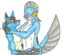 abs anthro biceps blue_fur blue_skin blush breasts color female fur furry interspecies lucario male muscles nintendo nippleless_male nipples open_mouth pecs pokemon pokemon_(species) side_view straight swampert tail_fin white_skin wiitenuant