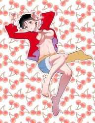 barefoot big_breasts black_eyes black_hair facial_scar feet female female_only full_body genderswap_(mtf) looking_at_viewer luffy_mandu luffyko monkey_d_luffy nipple_slip no_bra one_piece open_shirt rule_63 scar short_hair shorts solo tomboy very_short_hair