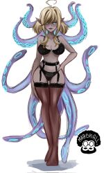 1girls black_lingerie blonde_hair blush bra dark-skinned_female dark_skin female female_focus female_only front_view full_body garter_belt glowing_eyes highres latam_virtual_youtuber lingerie looking_at_viewer mrgarts octopus_girl panties pointy_ears serrivel simple_background smiling smiling_at_viewer standing tentacles thigh_gap thighhighs virtual_youtuber vtuber vtuberfanart white_background