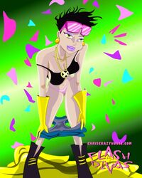 1girls black_hair bra chriscrazyhouse eyewear_on_head female female_only gloves green_eyes jubilee marvel panties short_hair solo straight_hair sunglasses_on_head tagme underwear x-men