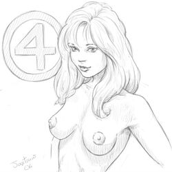 breasts fantastic_four female female_only human invisible_woman jaxtraw light_hair light_skin marvel medium_hair monochrome nude realistic solo sue_storm white_background