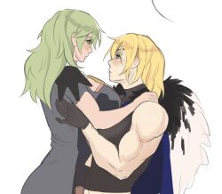 blonde_hair blue_eyes breasts byleth_(fire_emblem) byleth_(fire_emblem)_(female) carrying carrying_partner dimitri_alexandre_blaiddyd eyepatch female fire_emblem fire_emblem:_three_houses gloves green_eyes green_hair large_breasts long_hair looking_at_another medium_breasts medium_hair milkbar muscular muscular_female nintendo rule_63 short_hair yuri