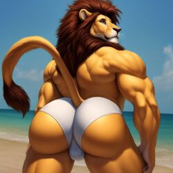 ai_generated anthro ass ass_bigger_than_head ass_focus ass_view ballsack beach big_ass big_butt bubble_ass bubble_butt butt_focus feline forsen furry furry_ass lion lion_tail looking_at_viewer muscular muscular_male underwear white_underwear