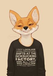 2023 bottomless female fox fox_girl_(sniffsnorf) furry furry_only graphic_tee humor no_humans simple_background smiling smug sniffsnorf tagme teeth