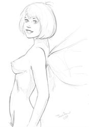 2007 avengers breasts female female_only janet_van_dyne jaxtraw marvel monochrome nude short_hair side_view smile solo straight_hair tagme wasp_(marvel) white_background wings