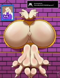 1girls 2d anticipation ass ass_focus dialogue english_text feet feet_focus female female_only furry glory_hole glory_wall goat milf nude photo photo_(object) solo talking talking_to_viewer text toby_fox toes_tied toriel undertale undertale_(series) vagina zp92