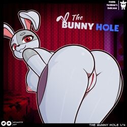 absurd_res anthro ass back_view breasts clitoris female five_nights_at_freddy's freddy_fuckbear's_cathouse_(kevwrite) genitals gradient_background grey_body hi_res kevwrite lagomorph leporid mammal pinup pose pussy rabbit red_eyes scottgames simple_background solo vanny vanny_(fnaf)