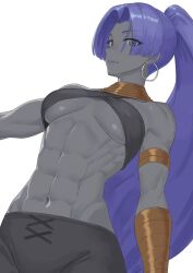 abs artist_request bandage_bra black_pants bracelet breasts dark_skin dark_skinned_female fate/zero fate_(series) female female_assassin_(fate/zero) female_only grey_skin hands_out_of_frame highres hundred_face_hassan looking_at_viewer medium_breasts muscles purple_eyes purple_hair purple_lips ranma1530_(artist) revealing_clothes solo toned_female underboob very_long_hair