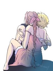 1boy 1girl 1girls aerith_gainsborough blonde_hair braided_hair braided_ponytail brown_hair cloud_strife couple female final_fantasy final_fantasy_vii final_fantasy_vii_remake foreplay kissing_shoulder romantic romantic_couple spiky_hair undressing white_bra