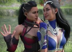 2girls 3d black_hair caught edenian eye_contact female female_only fully_clothed incest kitana kiteena leash mileena mortal_kombat mortal_kombat_1_(2023) princess rayalterego23 rope royalty sisters smile