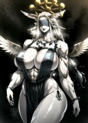 1girls abs absurd_res ai_generated angel_wings black_dress blindfold cleavage genderswap_(mtf) halo huge_breasts humanoid jujutsu_kaisen mahoraga_(jujutsu_kaisen) muscular_female qqitu stable_diffusion thick_thighs wheel white_hair