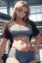 ai_generated bare_midriff black_clothing black_jacket blonde_hair blue_eyes bulge bulge_through_clothing futa_only futanari gray_bra gray_clothing gray_shorts gym hand_on_hip indoors jacket long_hair looking_at_viewer navel original original_character partially_clothed pixai red_clothing red_underwear solo solo_futa sports_bra sportswear thong underwear visible_underwear whale_tail