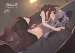 2024 2girls animal_ears arknights artist_name artist_signature belly blush brown_hair fox_ears fox_girl fox_tail franka_(arknights) grey_hair heart hi_res horns kemonomimi kissing liskarm_(arknights) long_hair lying lying_on_back lying_on_bed masturbating masturbating_other on_bed osuzu_botan shirt_lift shirt_up sweat tail yuri