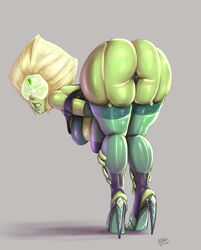 2015 2girls apple_butt ass back_view bent_over blonde_hair breasts clenched_teeth clothed dat_ass diamond fat_mons female garter_belt gem_(species) green_eyes green_legwear green_skin half-closed_eyes high_heel_boots high_heels huge_breasts limb_enhancers looking_at_viewer looking_back peridot_(steven_universe) platinum_blonde_hair plump_vulva randomboobguy sideboob simple_background sleeveless solo steven_universe thick thick_thighs thighhighs thighs thong underboob visor