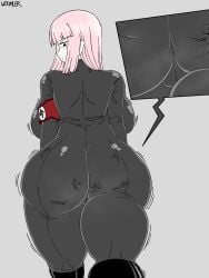 1girls absurd_res anus_outline anus_visible_through_clothes armband artist_name ass ass_focus backboob big_ass big_breasts close-up commission female hime_cut latex micro musk nazi pink_hair sakura_kawakami smaller_male swastika thick_thighs thighs tiny_person wide_hips woomler