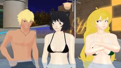 1boy 2girls bikini bikini_top black_hair black_hair_female blake_belladonna blonde_female blonde_hair cat_ears hot_tub purple_eyes rwby sun_wukong_(rwby) theblackbirdcalls yang_xiao_long yellow_eyes