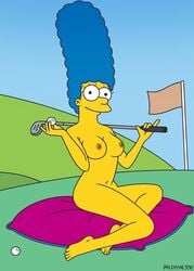 accurate_art_style blue_hair breasts color curly_hair cushion female female_only flag golf_ball golf_club human long_hair looking_at_viewer marge_simpson matt_groening_(style) nude outdoors pat_kassab pose sitting solo tagme the_simpsons toony yellow_skin