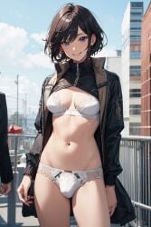 ai_generated blue_eyes brown_coat brown_hair buildings bulge bulge_through_clothing coat exhibitionism futa_only futanari lace lace-trimmed_bra lace-trimmed_panties lingerie looking_at_viewer navel original original_character outdoors partially_clothed pixai short_hair smile smiling smiling_at_viewer solo solo_futa white_clothing white_lingerie