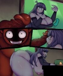 1boy 1boy1girl 1girls ass background big_ass big_breasts big_thighs bob_velseb breasts_bigger_than_head brown_hair comic comic_page dark-skinned_male dark_skin demon female huge_ass inverted_nipples lila_(spooky_month) male/female male_penetrating_female milf mob_face mother penetration penis sex shortstack spooky_month straight tagme thick_thighs unseen_male_face whitewo1f