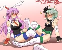 2girls animal_ears black_hairband blush bow catfight female_footjob footjob grey_hair hair_ribbon hairband konpaku_youmu long_hair multiple_girls mutual_footjob necktie nunnun_(shunka_shuutou) purple_hair rabbit_ears red_eyes reisen_udongein_inaba ribbon short_hair smile stirrup_legwear toeless_legwear touhou touhou_tag_dream vest wrestling_outfit yuri