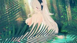 3d ass back back_view bare_back bath big_ass blonde_hair breasts caught completely_nude corrin_(fire_emblem) corrin_(fire_emblem)_(female) fire_emblem fire_emblem_fates forest grey_hair hairband leaf looking_at_viewer looking_back medium_breasts natsuko nintendo nude nude_female onsen outdoors peeping pond pov red_eyes smile tree wet