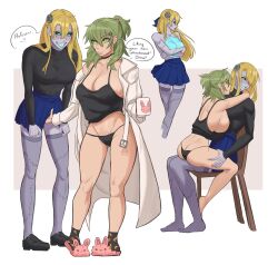 2girls alternate_costume alternate_hairstyle ass_visible_through_thighs bare_legs bare_thighs black_panties blonde_hair blue_eyes braid breast_press breasts_out byleth_(fire_emblem) byleth_(fire_emblem)_(female) coat dimitri_alexandre_blaiddyd english_text female female_only fire_emblem fire_emblem:_three_houses green_eyes green_hair groping hug huge_breasts large_breasts legs long_hair medium_hair milkbar multiple_girls nintendo open_mouth panties ponytail scientist sitting sitting_on_lap sitting_on_person skirt tank_top text thighhighs thighs underwear yuri zombie_girl