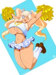 1girls blonde_hair blush cheerleader closed_eyes eyepatch female flower_eyepatch happy huge_breasts itini-sanshi jumping kirakishou kneesocks open_mouth panties rozen_maiden shoes skirt smile socks solo sweat sweatdrop sweaty_body tight_clothing twintails underboob