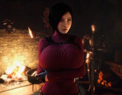 1girls 3d 3d_(artwork) ada_wong ada_wong_(adriana) alternate_breast_size asian asian_female asymmetrical_hair black_gloves black_hair breasts breasts_bigger_than_head breasts_bigger_than_torso capcom clothed clothed_female female female_only female_solo fingerless_gloves fireplace firewood fully_clothed gigantic_breasts gloves highres huge_breasts human human_female human_only looking_at_viewer red_sweater resident_evil resident_evil_4 resident_evil_4_remake solo solo_female sweater top_heavy vaako