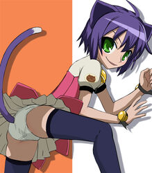 animal_ears ass bell bell_collar blue_hair blush cat_ears cat_tail catgirl clothing collar dress green_eyes haruyama jingle_bell kyouka_midarezaki kyouran_kazoku_nikki looking_back midarezaki_kyouka nekomimi panties pleated_skirt purple_hair raised_tail school_uniform short_hair smile solo spread_legs stockings tail thighhighs underwear upskirt white_panties wristband zettai_ryouiki