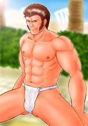 1boy abs artist_request ass bara bara_tits brown_eyes brown_hair brown_hair_male butt erect_penis erection fundoshi fundoshi_only king_of_fighters light-skinned_male light_skin male male_focus male_nipples male_only male_solo maxima_(kof) muscle muscles muscular muscular_arms muscular_legs nipples no_pants no_shirt pecs penis_visible_through_clothing rokushaku_fundoshi six_pack snk solo solo_focus solo_male wet wet_fundoshi white_fundoshi