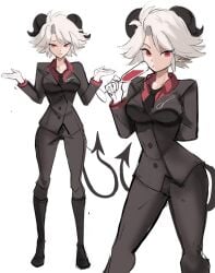 1girls breasts cosplay helltaker_(style) horns looking_at_viewer oni_horns original pointy_ears rakeemspoon red_eyes suit susan_(rakeemspoon) tail white_hair