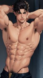 1boy ai_generated armpit_fetish armpit_hair exposed_armpits jojo's_bizarre_adventure jotaro_kujo looking_at_viewer male male_only muscular_male shirtless shirtless_(male) shirtless_male solo stardust_crusaders