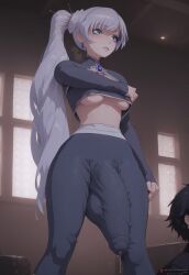 ai_generated blue_eyes bulge bulge_through_clothing civitai erection erection_under_clothes futanari hi_res huge_cock hung_futanari large_balls large_penis large_testicles leaking_precum nipple_slip precum rwby side_ponytail small_breasts underboob weiss_schnee white_hair yoga_pants