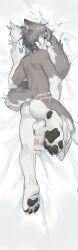 2024 ass balls blue_eyes blush canid canine canis censored censored_genitalia censored_penis claws clothing dakimakura_design erection fur genitals grey_body grey_fur hair hi_res hoodie humanoid_genitalia humanoid_penis looking_at_viewer looking_back lying male mammal milk milkytiger1145 pawpads penis presenting solo tail topwear underwear white_body white_fur wolf wolf_dongdong_(character)