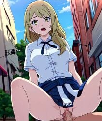 1boy 1boy1girl 1girls 2d ai_generated blonde_female blonde_hair emma_sano female gold_eyes male male/female male_pov patreon penis_in_pussy pov public public_nudity public_sex ranway_(artist) school_uniform sex submissive_female tokyo_revengers uncensored vaginal_penetration