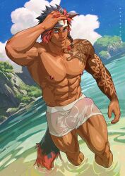 1boy abs arm_tattoo armpits beach beach_background black_hair blue_eyes bulge bulge_through_clothing commission erection erection_under_clothes final_fantasy final_fantasy_xiv hand_in_hair headband in_water looking_at_viewer male male_only miqo'te mocucumo muscles muscular muscular_arms muscular_chest muscular_male muscular_thighs nipple_piercing nipples pecs penis pierced_nipples piercing piercings pov pov_eye_contact red_and_black_hair red_hair see-through see-through_clothing solo solo_male standing standing_in_water tail tan_body tanned tanned_skin tattoo tattooed_arm thick_arms thick_legs thick_penis thick_thighs topless tosetsu touching_hair two_tone_hair underwear underwear_only yaoi