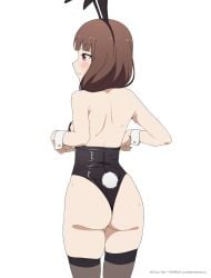 1girls ass back back_view blush brown_eyes brown_hair bunny_ears bunny_girl bunny_tail bunnysuit coro_fae fake_animal_ears iino_miko kaguya-sama_wa_kokurasetai_~tensai-tachi_no_renai_zunousen~ legwear leotard solo standing thighhighs thighs