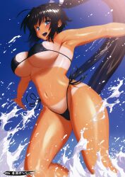 10s :d absurdres bikini bikini_tan black_bikini blush breasts cloud dark-skinned_female dark_skin day female grey_eyes highres homura_(senran_kagura) long_hair looking_back medium_breasts open_mouth ponytail senran_kagura side-tie_bikini_bottom sky smile solo splashing strap_gap swimsuit tan tanline water yoshu_ohepe youshu_ohepe