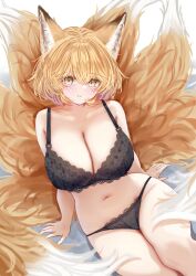 animal_ears arm_support black_bra black_panties blonde_hair bra breasts cleavage closed_mouth commentary_request female fox_ears fox_girl highres kitsune kyuubi large_breasts looking_at_viewer mature_female milf multiple_tails navel panties ran_yakumo sarasadou_dan short_hair sitting skindentation smile solo stomach tails thighs touhou underwear yakumo_ran yellow_eyes