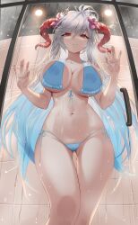 1girls absurdres against_glass alternate_costume ass_visible_through_thighs bathroom bikini blue_bikini blue_hair blue_swimsuit breast_press breasts breasts_on_glass cameltoe cleavage clothed_bath commission covered_nipples curled_horns female female female_only fire_emblem fire_emblem_heroes flower freyja_(fire_emblem) goat_horns gradient_hair grey_hair grin hair_ornament highres horns large_breasts lights long_hair looking_at_viewer mature_female multicolored_hair navel nintendo open_mouth partially_visible_vulva red_eyes red_horns shower_(place) showering side-tie_bikini_bottom sideboob smile solo standing swimsuit tile_wall tiles underboob water wet white_hair whois