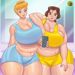 2girls artfoo_1 beauty_and_the_beast beauty_and_the_beast_(1991_film) belle_(beauty_and_the_beast) big_breasts cellphone chubby chubby_female cinderella_(1950_film) cinderella_(disney) cleavage disney disney_princess female female_focus female_only gym_clothes gym_shorts gym_uniform huge_breasts light-skinned_female light_skin selfie thick_thighs