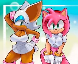 2girls amy_rose female furry pepperoni_ravioli rouge_the_bat sega sonic_(series) sweat tennis_uniform