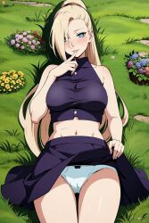 1girls ai_generated big_breasts blonde_hair blush boruto:_naruto_next_generations breasts crop_top curvaceous curvy curvy_female curvy_figure female female_focus finger_to_mouth flowers grass hair_over_one_eye huge_breasts ino_yamanaka legs_together lifted_by_self light-skinned_female light_skin lipstick long_hair makeup midriff nai_diffusion naruto naruto:_the_last naruto_(series) naruto_shippuden nature nudity outdoor_nudity outdoors pale-skinned_female pale_skin panties pantyshot pantyshot_(lying) patreon_username shirt skirt stable_diffusion taz_ia text thick_thighs thighs underwear url very_long_hair vest watermark web_address white_skin wide_hips