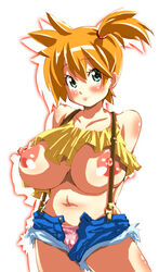 alternate_breast_size areolae bad_moon bare_shoulders blue_eyes blush breasts cameltoe clothing crop_top denim_shorts erect_nipples female green_eyes huge_breasts human human_only kasumi_(pokemon) midriff navel nintendo nipples orange_hair panties plump pokemon ponytail shirt shirt_lift short_hair short_shorts shorts side_ponytail smile solo suspenders sweat tied_hair unbuttoned underwear unzipped wide_hips