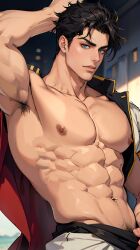 1boy ai_generated armpit_fetish armpit_hair black_hair exposed_armpits jojo's_bizarre_adventure jotaro_kujo male male_only muscular_male shirtless_(male) shirtless_male solo stardust_crusaders