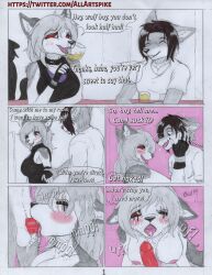 alcohol beverage black_clothing black_hair black_nose bodily_fluids canid canine clothing collar cum duo ejaculation english_text fellatio female fur genital_fluids genitals grey_body grey_fur hair hi_res male male/female mammal nipples nude oral penile penis pink_nipples red_penis red_sclera saliva sex spike_(spikethefurry) spike_the_furry text tongue tongue_out url white_body white_fur white_hair